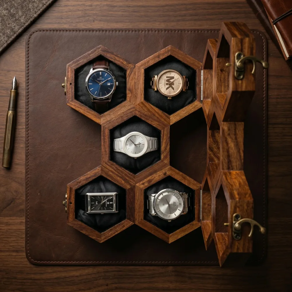 Wooden Hexagon Watch Box styled view