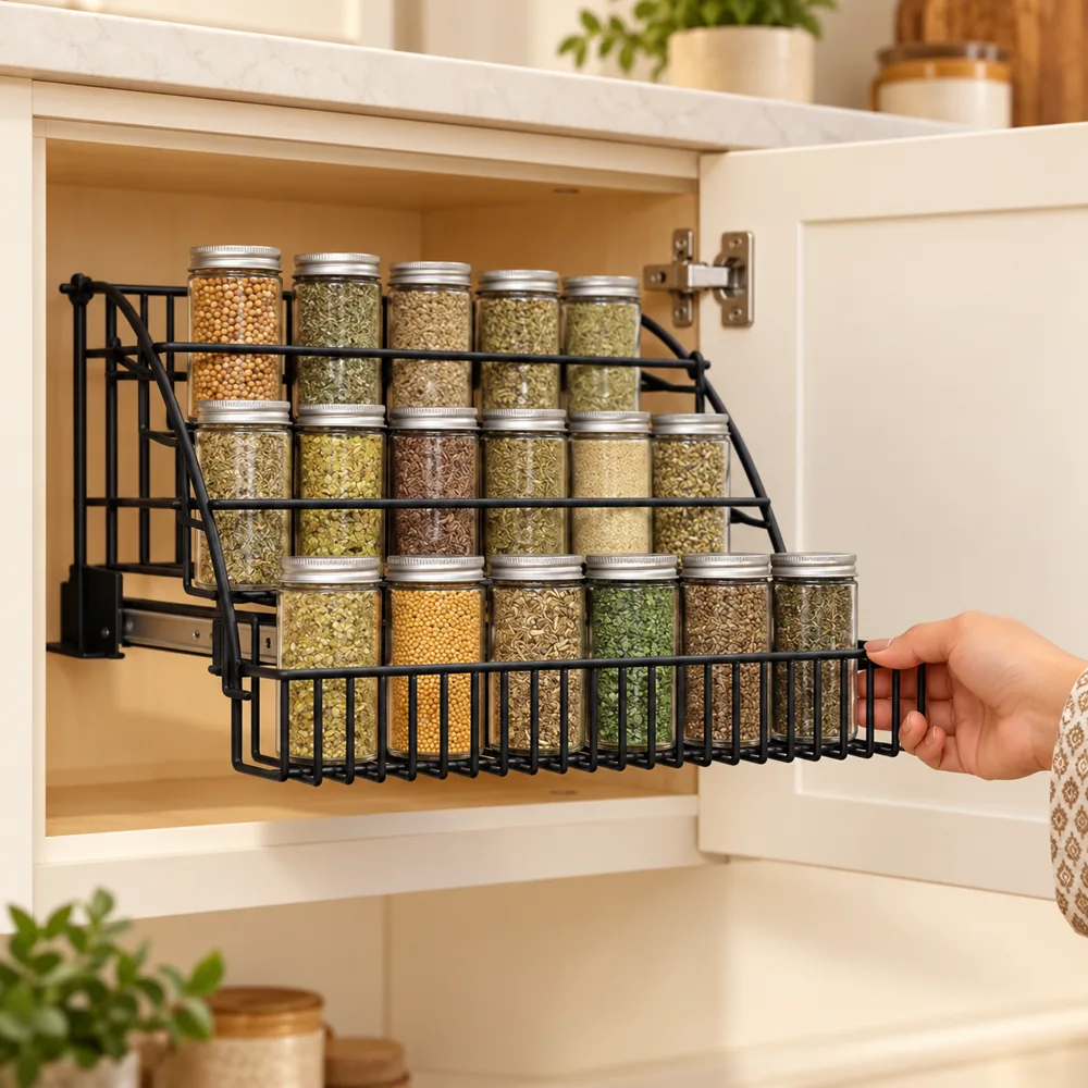 Pull-Out Cabinet Spice Rack — Everyday setup